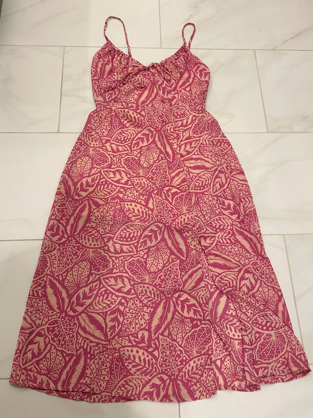 Pink Leaf-Print Summer Dress
